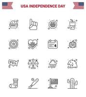 Set of 16 Modern Lines pack on USA Independence Day sign police security cola drink Editable USA Day Vector Design Elements