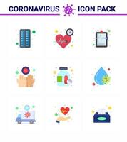 Corona virus 2019 and 2020 epidemic 9 Flat Color icon pack such as drugs hands care disease medical record viral coronavirus 2019nov disease Vector Design Elements