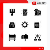 Mobile Interface Solid Glyph Set of 9 Pictograms of setting cog file mail education Editable Vector Design Elements