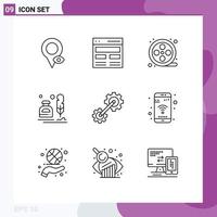 User Interface Pack of 9 Basic Outlines of cogs letter user fur ink Editable Vector Design Elements