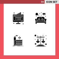 Group of 4 Solid Glyphs Signs and Symbols for graph sofa monitor furniture factory Editable Vector Design Elements