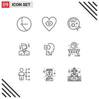 Modern Set of 9 Outlines Pictograph of solving mind magnifier logic worker Editable Vector Design Elements