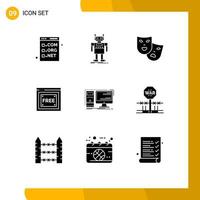 Group of 9 Modern Solid Glyphs Set for free internet bot free access theater Editable Vector Design Elements