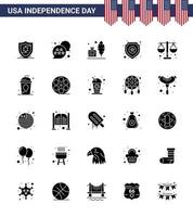 Set of 25 Vector Solid Glyph on 4th July USA Independence Day such as law court feather sign police Editable USA Day Vector Design Elements
