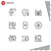 User Interface Pack of 9 Basic Outlines of cake birthday camera spa olive Editable Vector Design Elements