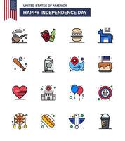 Big Pack of 16 USA Happy Independence Day USA Vector Flat Filled Lines and Editable Symbols of sports baseball american ball political Editable USA Day Vector Design Elements