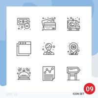 paquete de 9 signos y símbolos de contornos modernos para medios de impresión web, como elementos de diseño de vectores editables para el pago de un médico femenino