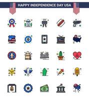 Happy Independence Day Pack of 25 Flat Filled Lines Signs and Symbols for army gun barbecue states american Editable USA Day Vector Design Elements