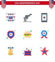 conjunto de 9 iconos del día de los ee.uu. símbolos americanos signos del día de la independencia para comida hamburguesa señal de teléfono policía elementos de diseño vectorial editables del día de los ee.uu. vector