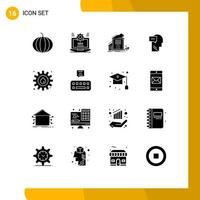 16 Universal Solid Glyph Signs Symbols of gear head house inner mind Editable Vector Design Elements