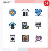 paquete de línea de vector editable de 9 colores planos de línea de llenado simple de dispositivos que alojan elementos de diseño de vector editables de entorno de red de nube de juzgado de red