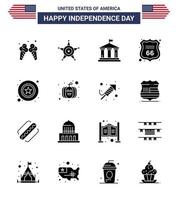 paquete de 16 signos de glifos sólidos de celebración del día de la independencia de EE. UU. Y símbolos del 4 de julio, como la seguridad del signo del banco estadounidense de la policía, elementos de diseño vectorial editables del día de EE. UU. vector