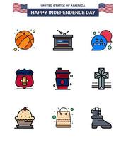 USA Independence Day Flat Filled Line Set of 9 USA Pictograms of drink security flag american sheild Editable USA Day Vector Design Elements