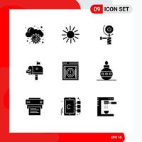 Set of 9 Vector Solid Glyphs on Grid for notification internet grinder alert mail box Editable Vector Design Elements