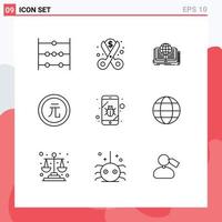 Editable Vector Line Pack of 9 Simple Outlines of value currency writing coin theory Editable Vector Design Elements
