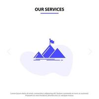 Our Services Success Mountain Peak Flag  Solid Glyph Icon Web card Template vector