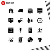 User Interface Pack of 16 Basic Solid Glyphs of computer pulse vehicles lifeline web Editable Vector Design Elements