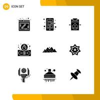 Pictogram Set of 9 Simple Solid Glyphs of hill mountain workflow security dollar Editable Vector Design Elements