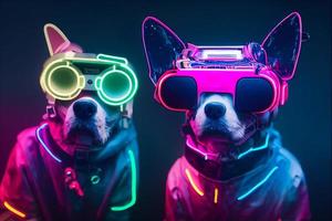 perro de realidad virtual cyberpunk, vestido con ropa de color neón foto