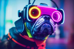 perro de realidad virtual cyberpunk, vestido con ropa de color neón foto