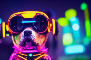 perro de realidad virtual cyberpunk, vestido con ropa de color neón foto