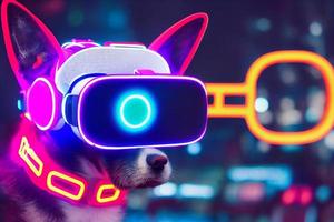 perro de realidad virtual cyberpunk, vestido con ropa de color neón foto