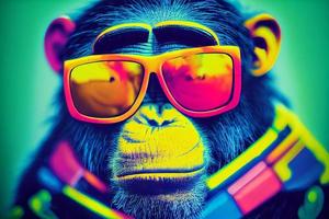 chimpancé cyberpunk con gafas de sol, vestido con ropa de color neón foto