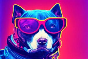 perro pitbull cyberpunk con gafas de sol, vestido con ropa de color neón foto