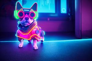 perro de realidad virtual cyberpunk, vestido con ropa de color neón foto