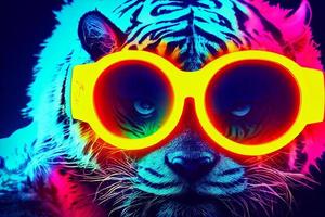 cyberpunk tiger with sunglasses, dressed in neon color clothes photo