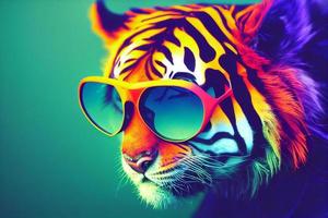 cyberpunk tiger with sunglasses, dressed in neon color clothes photo