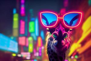 jirafa cyberpunk con gafas de sol, vestida con ropa de color neón foto