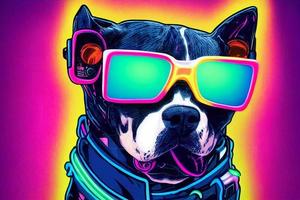 perro pitbull cyberpunk con gafas de sol, vestido con ropa de color neón foto