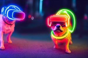 perro de realidad virtual cyberpunk, vestido con ropa de color neón foto