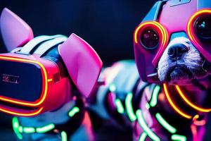 perro de realidad virtual cyberpunk, vestido con ropa de color neón foto