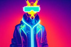 cyberpunk giraffe with sunglasses, dressed in neon color clothes photo