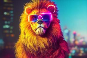 cyberpunk lion with sunglasses, dressed in neon color clothes photo