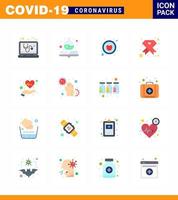 conjunto de iconos covid19 para el paquete infográfico de 16 colores planos, como el signo de cuidado, la cinta de alimentos, el virus del vih, el coronavirus 2019nov, los elementos de diseño del vector de enfermedad