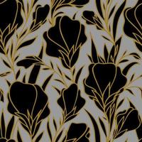 seamless pattern of large black flowers with a golden outline on a light gray background, texture, design photo