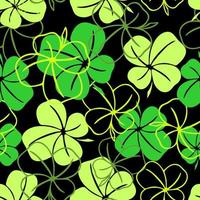 seamless pattern of green contours and silhouettes of a four-leaf clover on a black background, texture design photo