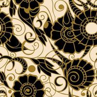 seamless pattern of large black flowers with a golden outline on a beige background, texture, design photo