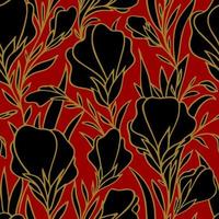 seamless pattern of large black flowers with a golden outline on a red background, texture, design photo