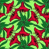 seamless symmetrical graphic pattern of red flowers on a green background, texter, design photo