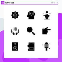 Group of 9 Modern Solid Glyphs Set for magnify general creative hold cog Editable Vector Design Elements