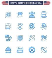 Happy Independence Day 16 Blues Icon Pack for Web and Print yummy donut man magic hat cap Editable USA Day Vector Design Elements