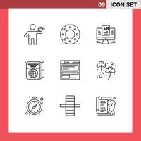Editable Vector Line Pack of 9 Simple Outlines of travel passport holiday data laptop Editable Vector Design Elements
