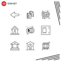 User Interface Pack of 9 Basic Outlines of coins school board learn hospital Editable Vector Design Elements