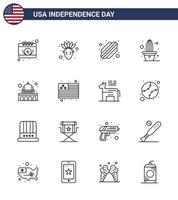 USA Happy Independence DayPictogram Set of 16 Simple Lines of wisconsin madison hotdog capitol plant Editable USA Day Vector Design Elements