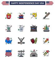 16 USA Flat Filled Line Signs Independence Day Celebration Symbols of usa bat independence baseball outdoor Editable USA Day Vector Design Elements