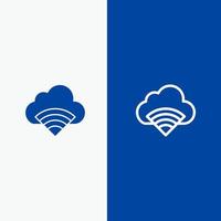 conexión a la nube línea de señal wifi y glifo icono sólido banner azul vector